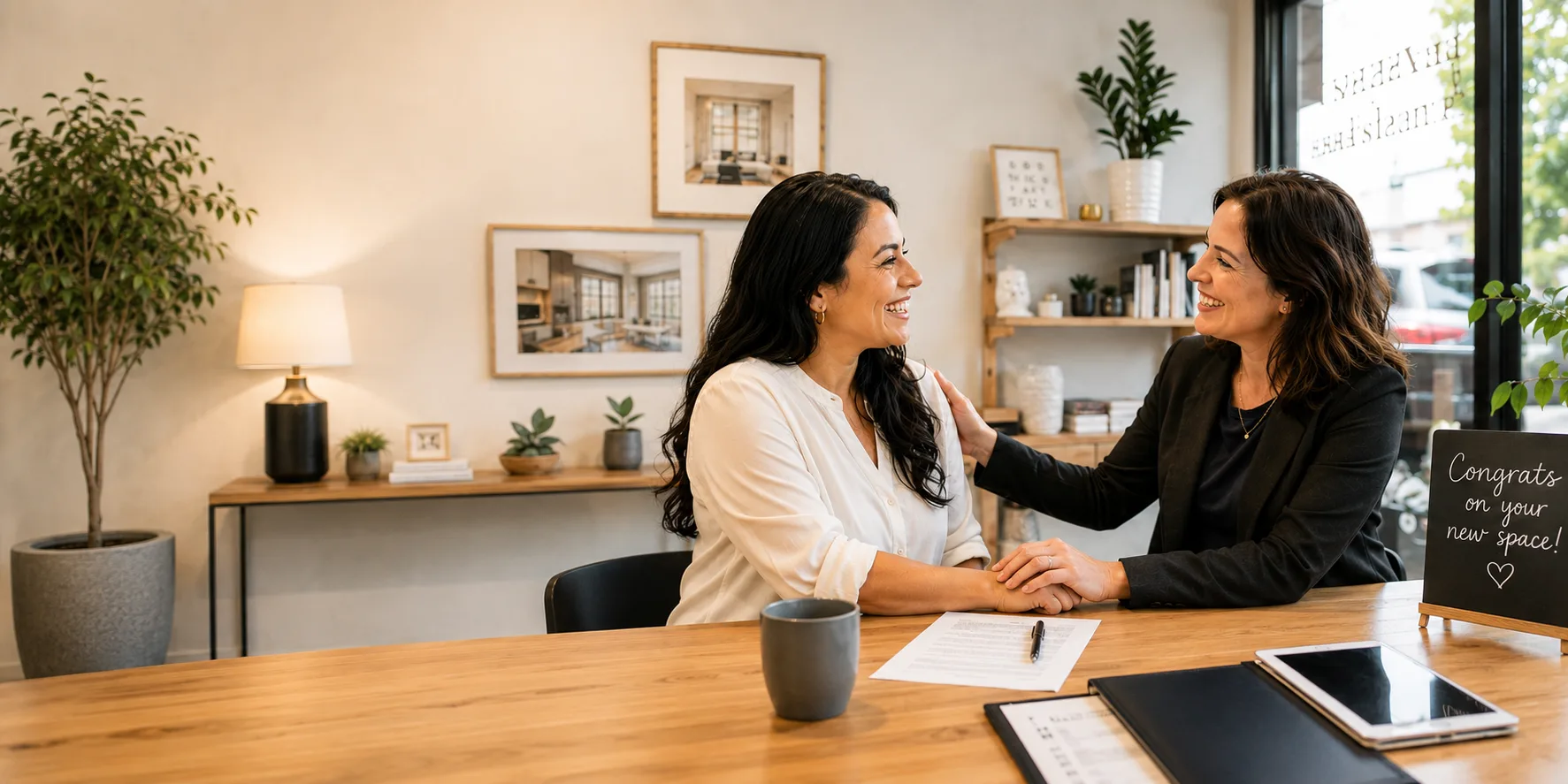 Two women sharing a warm, congratulatory moment at a desk