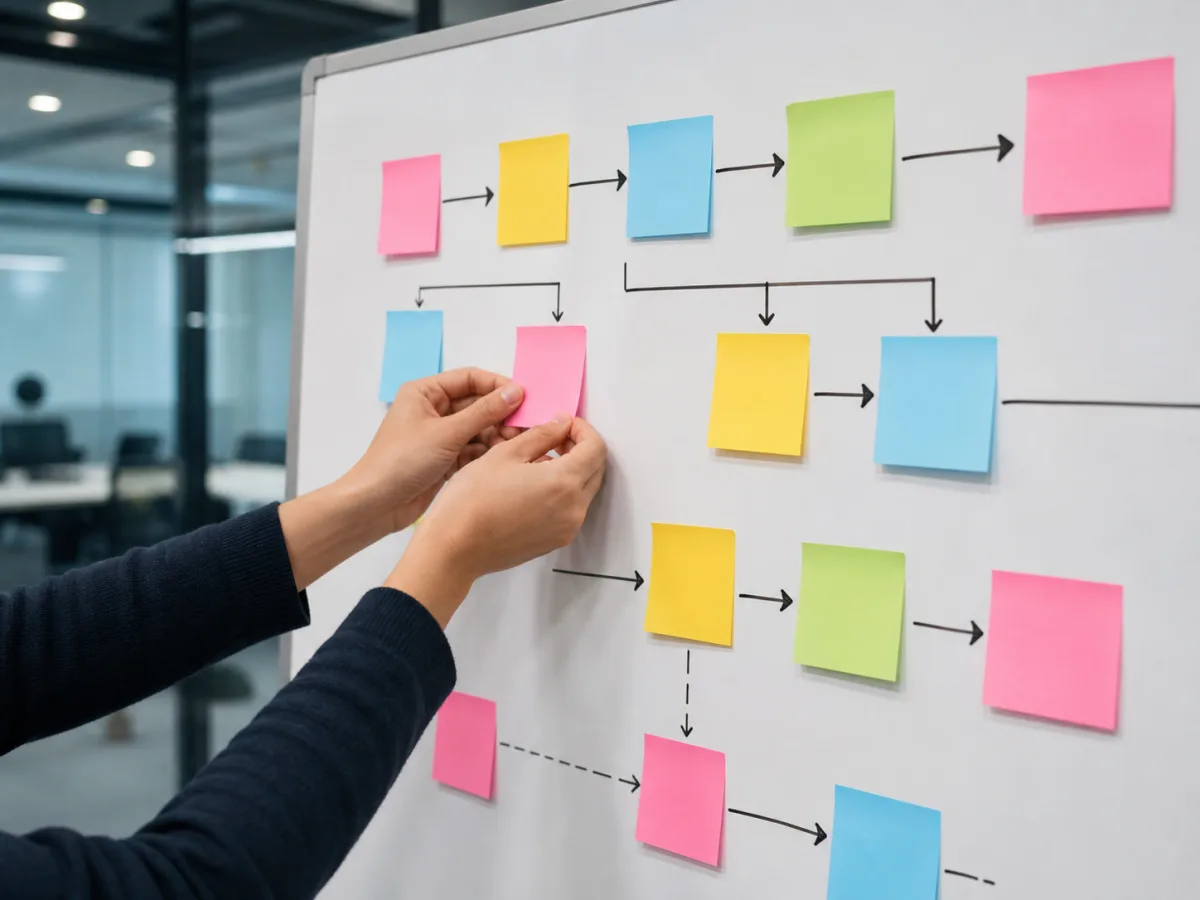 A workflow mapped out on a whiteboard with sticky notes