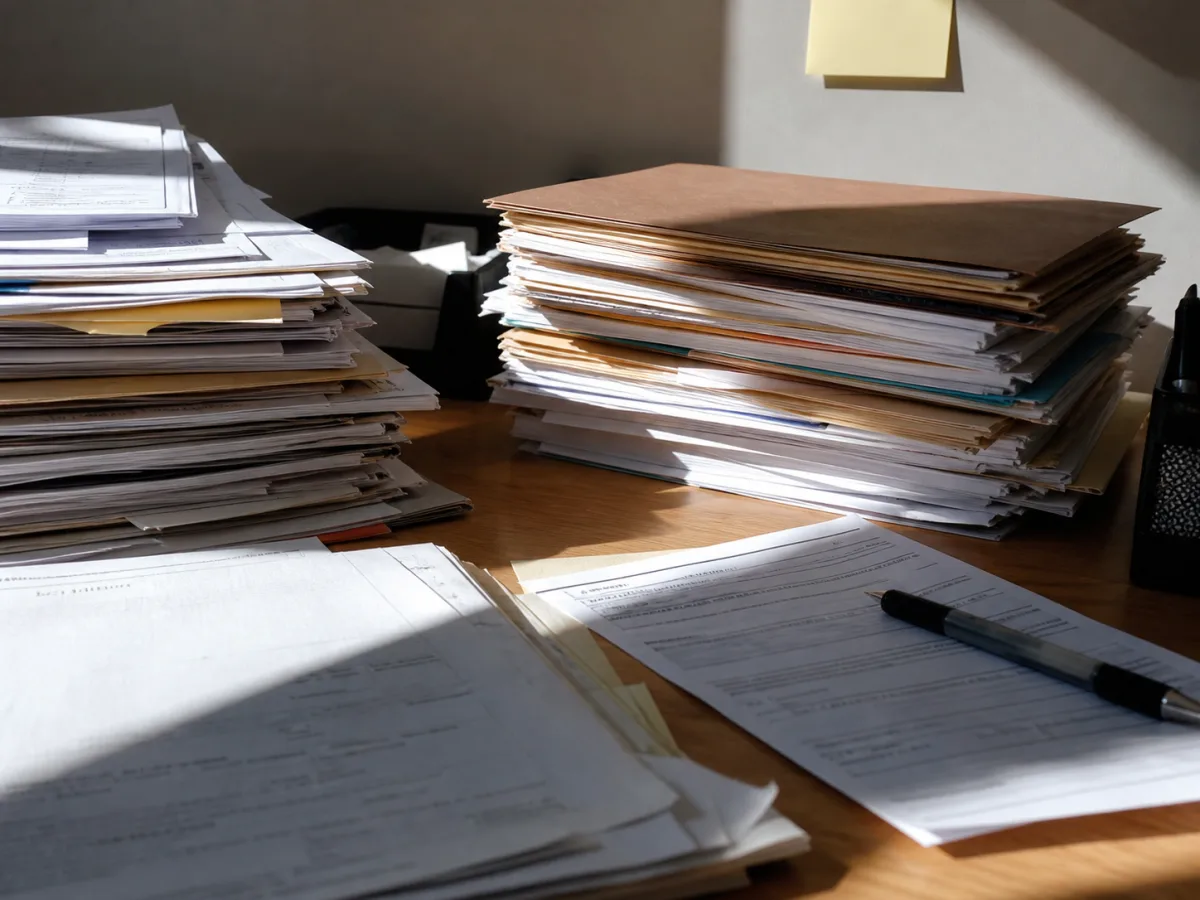 A desk with a visible pile of repetitive work to streamline